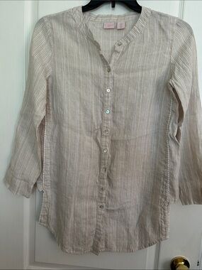 St. Tropez Cream and Gold Striped Button-Down 99% Linen Shirt PTP 20